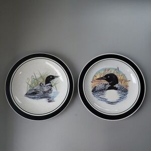 2 VTG Folkcraft Stoneware Loon Lake Side Plates Ducks Waterfowl Cottage Cabin 8"